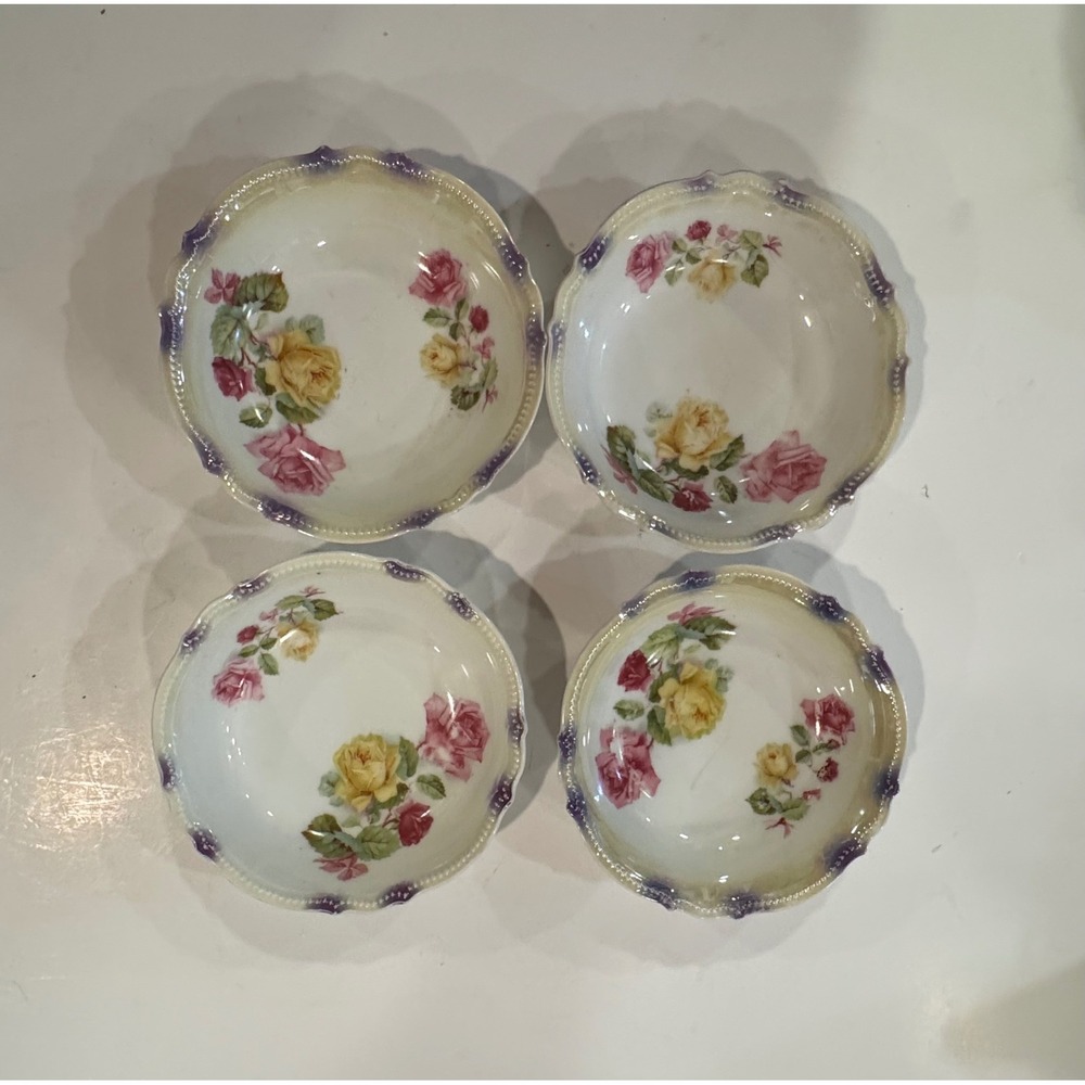 Vintage Set of 4 Pink Yellow Roses Scalloped P K Silesia  Dessert Bowls 5 1:4"